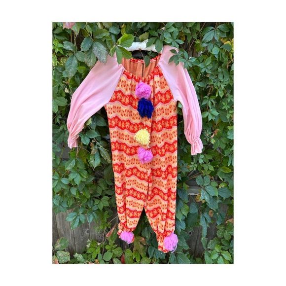 Vintage 70s Handmade Knit Clown Costume PomPoms 2 Hats Pink Red Yellow - Picture 5 of 16